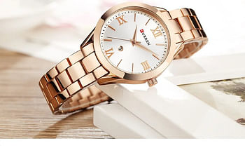 Curren 9007 Original Brand Stainless Steel Band Wrist Watch For Women / Rose Gold White Dial