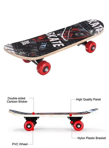 43 CM Wooden Skateboard for Kids 7 Layer Maple Wood Smooth Wheels Outdoor Sports Games Comes in Assorted Colors and Designs - Skate Black & Red