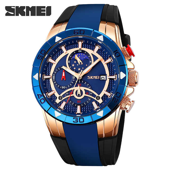 Skmei 9270 Moon Phase Silicone Sports Quartz Watch Men Chronograph Waterproof Wrist Watch.