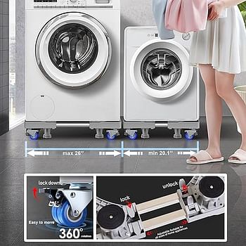 Mobile Roller Washing Machine Stand Base Mobile Base for Dryer Refrigerator Furniture Roller Base with Stronger Locking 4 Rolls 4 Feets - White