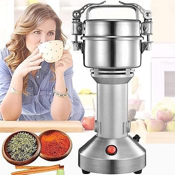 Portable Grain Mill 100g Vertical Buckle Herb Grain Spice Grinder Flour Powder Machine, High Speed Food Processor with Overload Protection Function,for Homes,Pharmacies, Laboratories - Silver