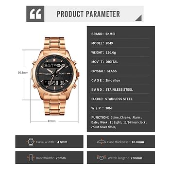 SKMEI Men Electronic Watch Dual Display Electronic Watch Multifunctional Waterproof Watch Fashion Business Style For Men 2049