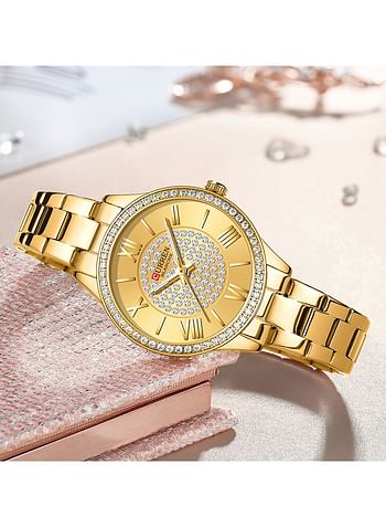 CURREN CURREN 9084 Luxury Brand Golden Dial Ladies Watches with Stainless Steel Strap Fashion Rhinestone Ladies Wristwatch with Luminous