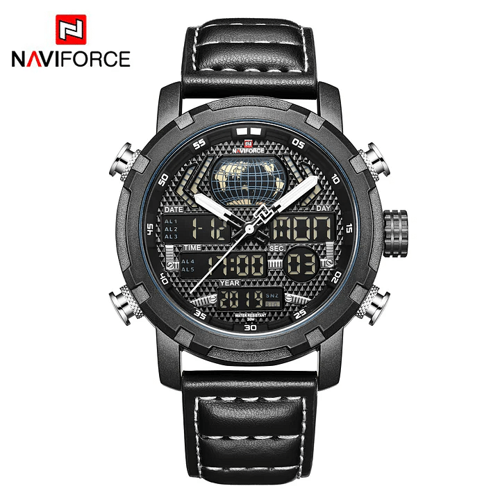 NAVIFORCE NF9160 Watch for Men Luxury Digital Chronograph Analog Sport Watches Military Waterproof Genuine Leather Wristwatch Black and White