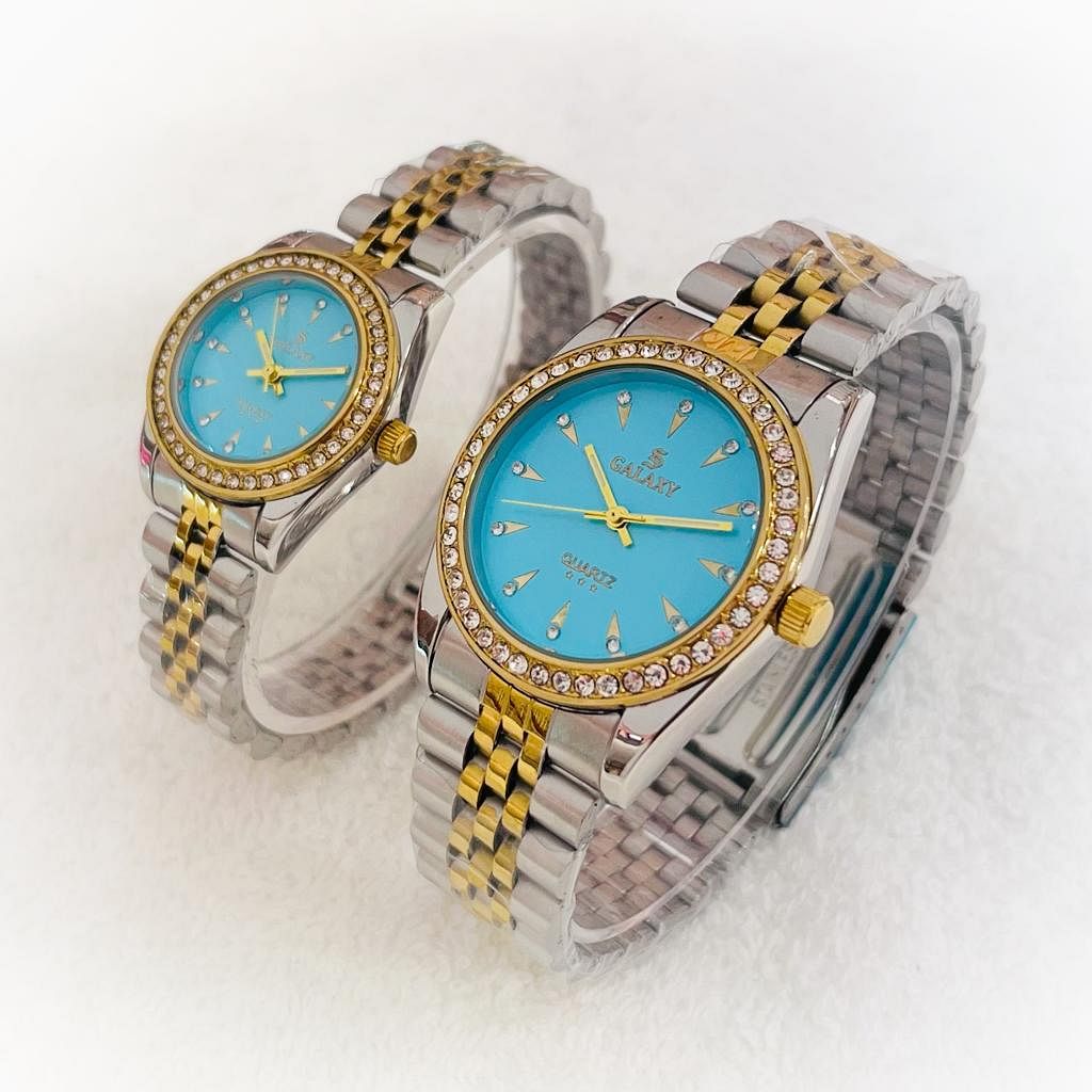 Galaxy 2373 Waterproof silver- blue Quartz Analog Couple Watch Set