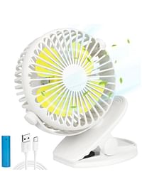 Portable Stroller Fan USB Clip On Fan Rechargeable, Desk Fan Clip Quiet Strong 3 Speed, 720° Rotate for Office Treadmill Camping Traveling - White