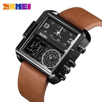 SKMEI 1584  Men's Multifunction Square Dial Digital Analog LED Chronograph Leather Strap Wristwatch