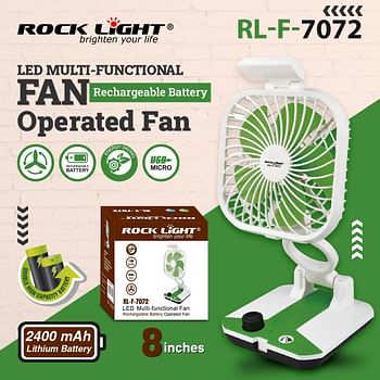 Rocklight 8" LED Multi-Functional Fan RL-F-7072, Rechargeable Battery-Operated Portable Fan, 2400 MAH Lithium Battery, USB Micro Charging