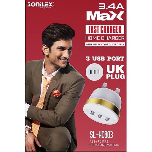 SONILEX 3 USB Port Fast Charger with Type C Cable White SLG-HC803 type C