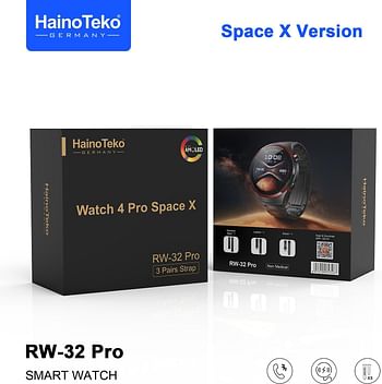 Haino Teko Germany RW32 Pro Space X Edition Round Shape Curved AMOLED Display Smart Watch With 3 Pair Straps, Tasbeeh, 5 Time Pray Alarm and Wireless Charger  - Black