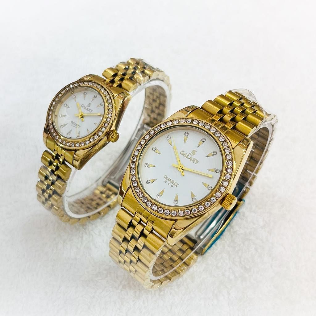 Galaxy 2373 Waterproof gold Quartz Analog Couple Watch Set