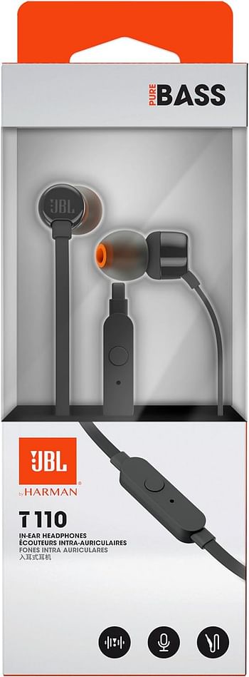 JBL Tune 110 Wired In-Ear Headphones, Deep and Powerful Pure Bass Sound, 1-Button Remote/Mic, Tangle-Free Flat Cable, Ultra Comfortable Fit JBLT110BLK - Black