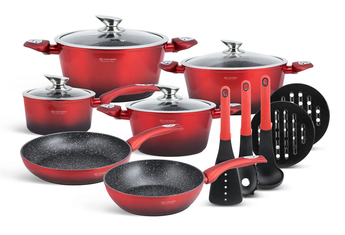 15PCS PRESSED ALUMINIUM COOKWARE SET ceramic-marbled coat, non-stick coating, PFOA free Suitable for all types of cookers including induction