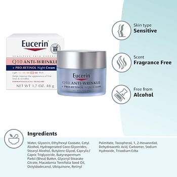 Eucerin Q10 Anti-Wrinkle Night Cream + Pro-Retinol Facial Cream for Sensitive Skin, 1.7 Oz