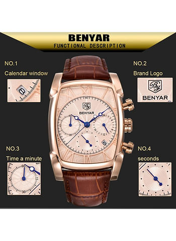 BENYAR Luxury Chronograph Mens Wrist Watch Premium 30 M Water Resistant Quartz Movement Dial with Leather Strap - Brown