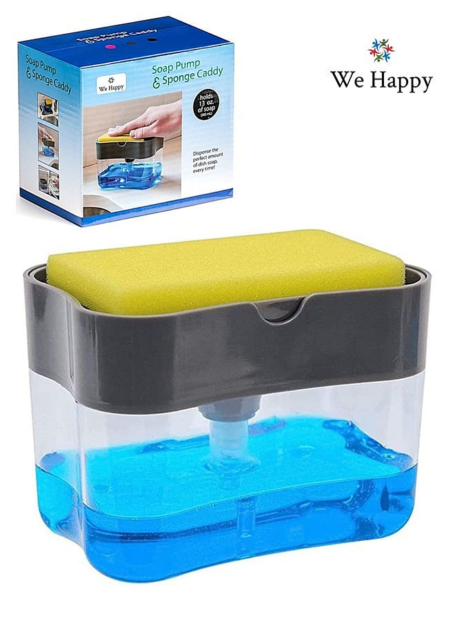 We Happy 2-in-1 Dish Soap Dispenser and Sponge Holder for Kitchen, Shelf Washing Detergent Sink Pump