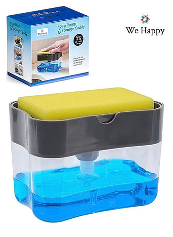 We Happy 2-in-1 Dish Soap Dispenser and Sponge Holder for Kitchen, Shelf Washing Detergent Sink Pump