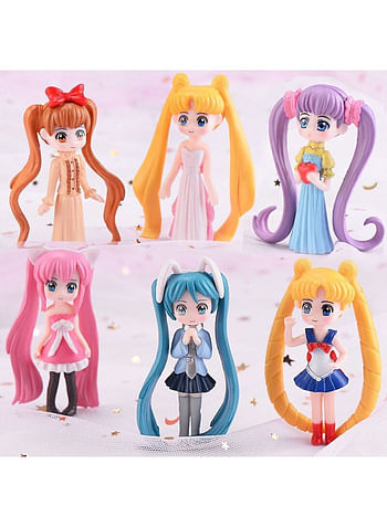 6 Pieces Sailor Moon Action Figures Doll Birthday Cartoon Cake Topper Mini Toy For Kids Theme Party Supplies Comes in Assorted Colors