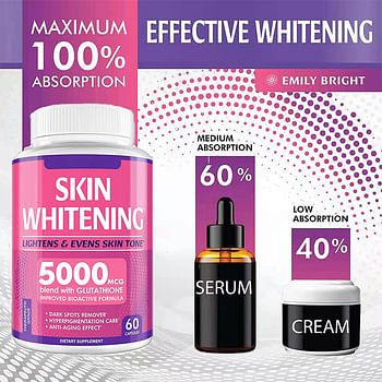Natural Skin Whitening Dietary Supplement blend with Effect Collagen + Glutathione + Vitamin C - Anti-Aging Effects - Leaves Skin Smooth, Firm and Youthful while Brightening the Complexion