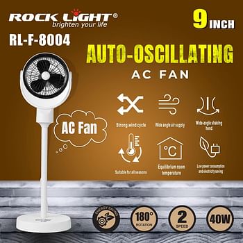 Rock Light RL-F-8004 40W 9 Inch Auto-Oscillating Floor Fan, 180° Rotation, 2 Speeds