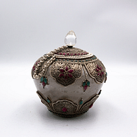 Antique Ornate Jewel-Encrusted Decorator Container Crystal Filgree Bowl with Lid Home Decoration Silver Plated Inlay with Crystal quartz, Emeralds and Rubies Gemstones Handcrafted in Nepal - Small piece