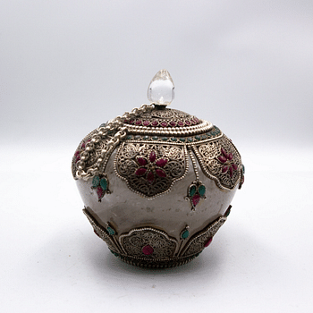 Antique Ornate Jewel-Encrusted Decorator Container Crystal Filgree Bowl with Lid Home Decoration Silver Plated Inlay with Crystal quartz, Emeralds and Rubies Gemstones Handcrafted in Nepal - Small piece