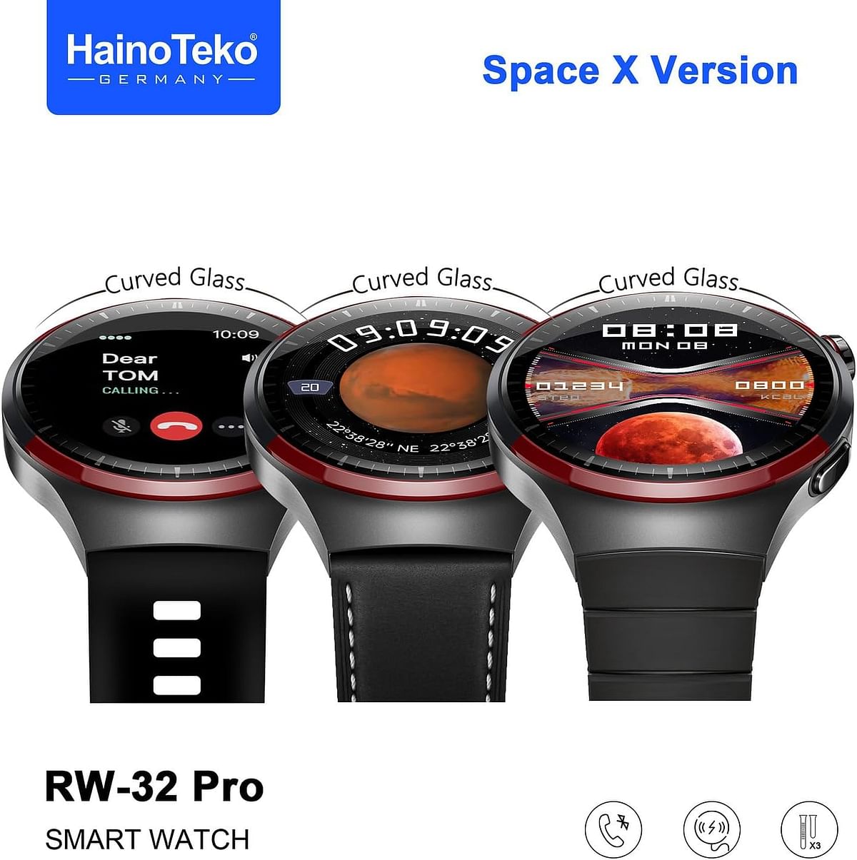 Haino Teko Germany RW32 Pro Space X Edition Round Shape Curved AMOLED Display Smart Watch With 3 Pair Straps, Tasbeeh, 5 Time Pray Alarm and Wireless Charger  - Black