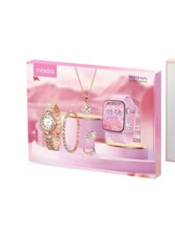 Modio MW13 Mini Women's Smart Watch with 36mm Display 3 Pair Straps 5 in 1 Diamond Jewellery Set Pink