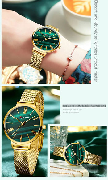 Curren 9076 Original Brand Stainless Steel Band Wrist Watch For Women / Gold Green Dial