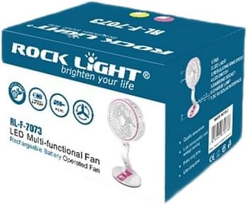 مروحة روك لايت متعددة الوظائف مقاس 8 بوصات LED RL-F-7073، مروحة محمولة تعمل بالبطارية قابلة لإعادة الشحن، بطارية ليثيوم 2400 مللي أمبير في الساعة، شحن USB صغير