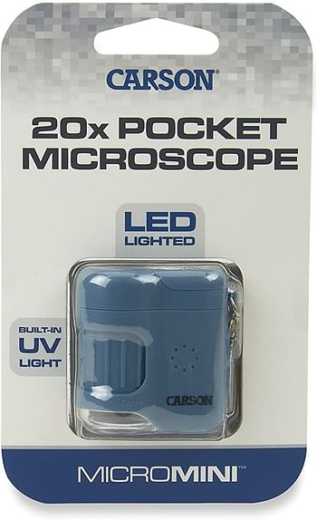Carson MicroMini 20x LED Lighted Pocket Microscope with Built-In UV and LED Flashlight - Blue