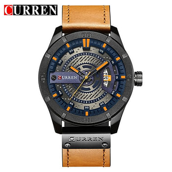 CURREN 8301 Original Brand Leather Straps Wrist Watch For Men Brown/Black Orange