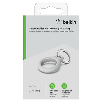 Belkin Apple AirTag Secure Holder w/ Key Ring | Twist and Lock Design, Scratch Prototection for Apple AirTag |Easy Attachment in Bags, Purse, Pets - White