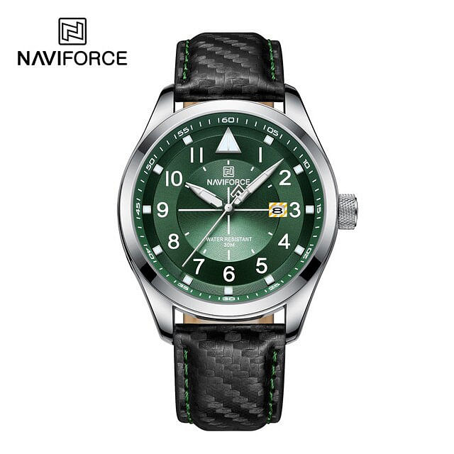 NAVIFORCE 8022 Business Men Wristwatch Luxury  Auto Date Man Watch Black Genuine Leather Sport Quartz Male Clock Silver/Green