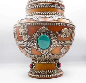 Antique Amber Pot with Silver Carving, Rubies Gemstone and Turquoise Crystal Handcrafted in Nepal