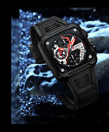 CURREN 8461 Men's Watch Import Quartz Movement 30M Waterproof Wristwatch Luminous Hands Date High Quality Silicone Band Black