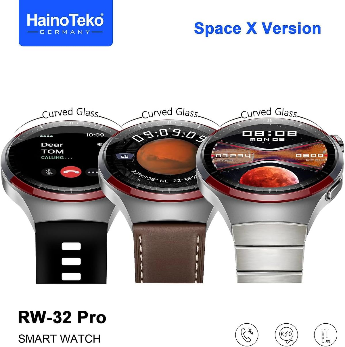 Haino Teko Germany RW32 Pro Space X Edition Round Shape Curved AMOLED Display Smart Watch With 3 Pair Straps, Tasbeeh, 5 Time Pray Alarm and Wireless Charger  - Silver