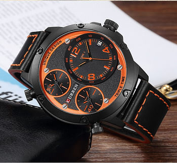 Curren 8262 Original Brand Leather Straps Wrist Watch For Men - Black and Orange