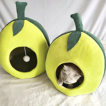 Igloo Cat Bed Indoor House with High Density Sponge Yellow with Green - 45x52x58cm
