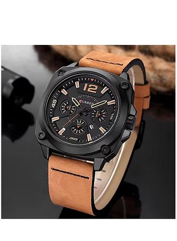 Curren 8260 Sports Leather Strap Analog Watch Alloy Case Quartz Watch For Men - Brown/Black