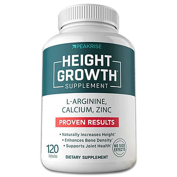 PeakRise Height Growth Dietary Supplement - Vitamin D3, L-Arginine, Calcium, Zinc Supplement Promotes Bone Growth in Adults and Children - 60 Capsules