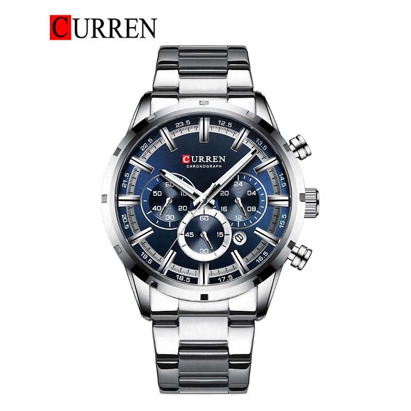 CURREN 8355 Original Brand Stainless Steel Band Wrist Watch For Men silver/blue