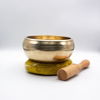 Authentic Himalayan Golden Shinning OM Singing Bowl Single Set Handcrafted in Nepal Medium (403 grams) – Includes Traditional Wooden Striker and Silk Cushion Included – Ideal for Healing, Mindfulness, Meditation, and Yoga