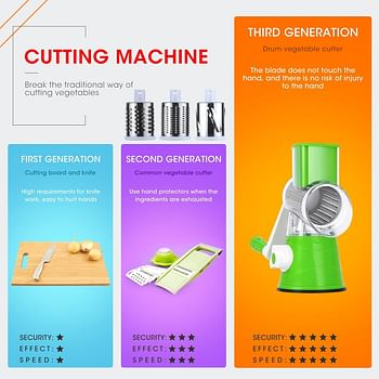 Vegetable Mandoline Slicer Chopper- Rotary Cheese Grater with 3 Interchangeable Ultra Sharp Cylinders Stainless Steel Blades (Green)