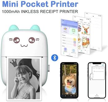 Portable Mini Pocket Printer Cute Thermal Printer with Thermal Printing Paper USB Cable for Note Photo Web Document Printing,(Blue)