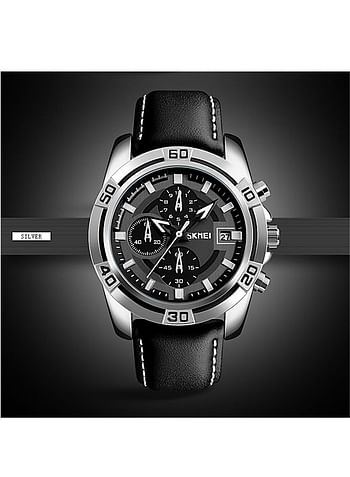 SKMEI Men Sports Quartz Waterproof Wristwatch Outdoor Luxury Black Leather Chronograph Watch 9156