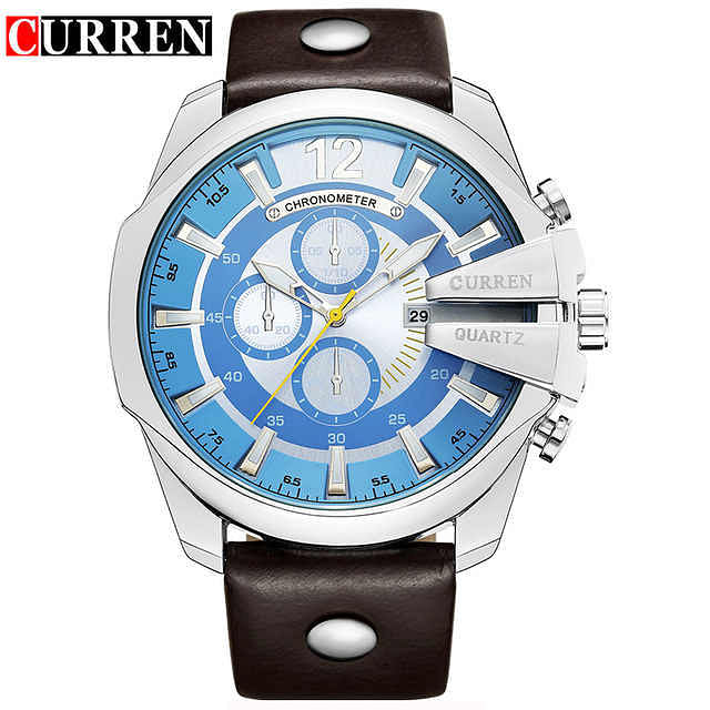 Curren 8176 Original Brand Leather Straps Wrist Watch For Men / Black and Cyan