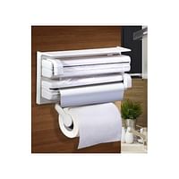 Rylan 3 in 1 Kitchen Triple Paper Dispenser & Holder Paper Foil Cling Wrap - 3 in 1 Wrap Centre Holds Silver Foil Plastic Wrap and Paper Towels-White