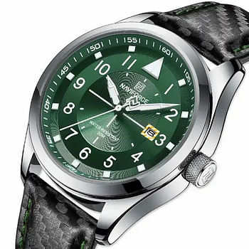 NAVIFORCE 8022 Business Men Wristwatch Luxury  Auto Date Man Watch Black Genuine Leather Sport Quartz Male Clock Silver/Green