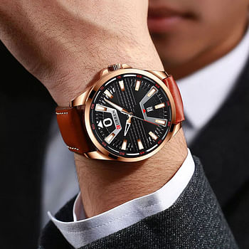 CURREN 8379 Chocolate PU Leather Analog Watch For Men - Rose Gold & Chocolate